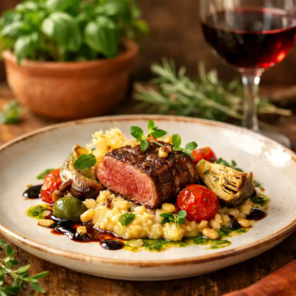 Pięknie podane danie gourmet na rustykalnym stole z lampką czerwonego wina