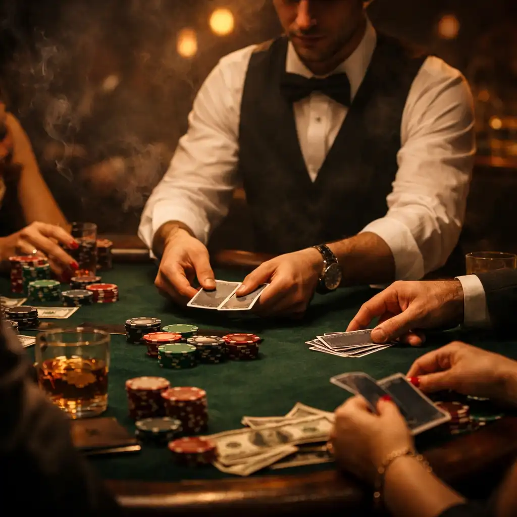 Elegancki wieczór pokerowy z krupierem przy stole