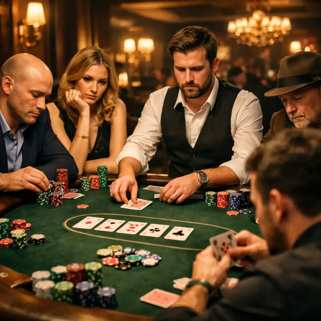 Uczestnicy turnieju Texas Hold'em przy profesjonalnym stole pokerowym