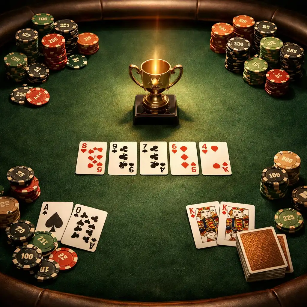 Profesjonalny stół pokerowy z zielonym suknem, żetonami i trofeum