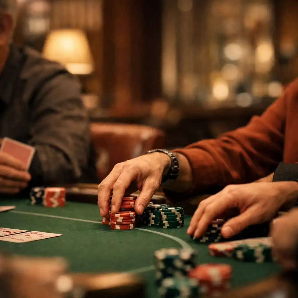Gracze przy stole pokerowym w prywatnym salonie, zbliżenie na ręce i żetony