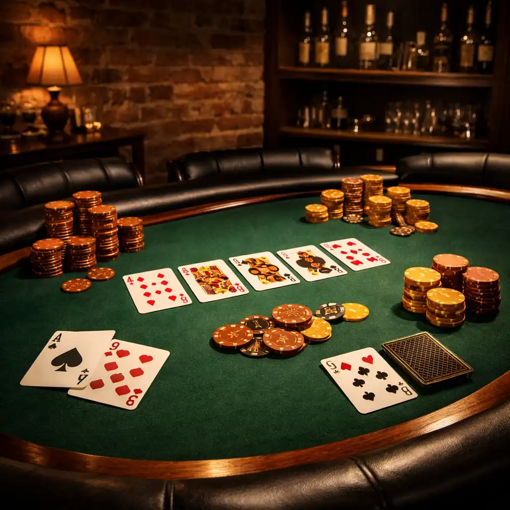 Elegancki stół pokerowy z kartami i żetonami w ciepłym, klimatycznym oświetleniu