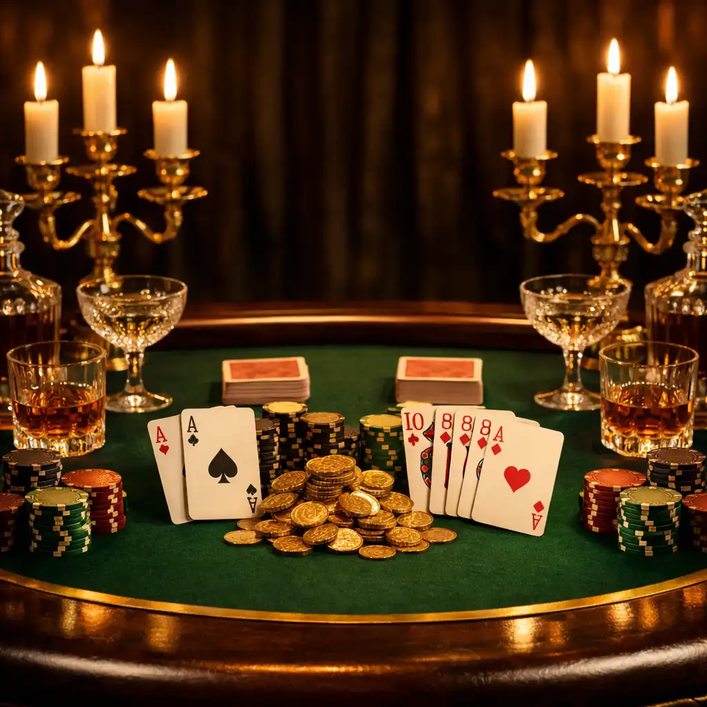 Elegancka aranżacja stołu pokerowego w stylu glamour ze złotymi akcentami i świecami