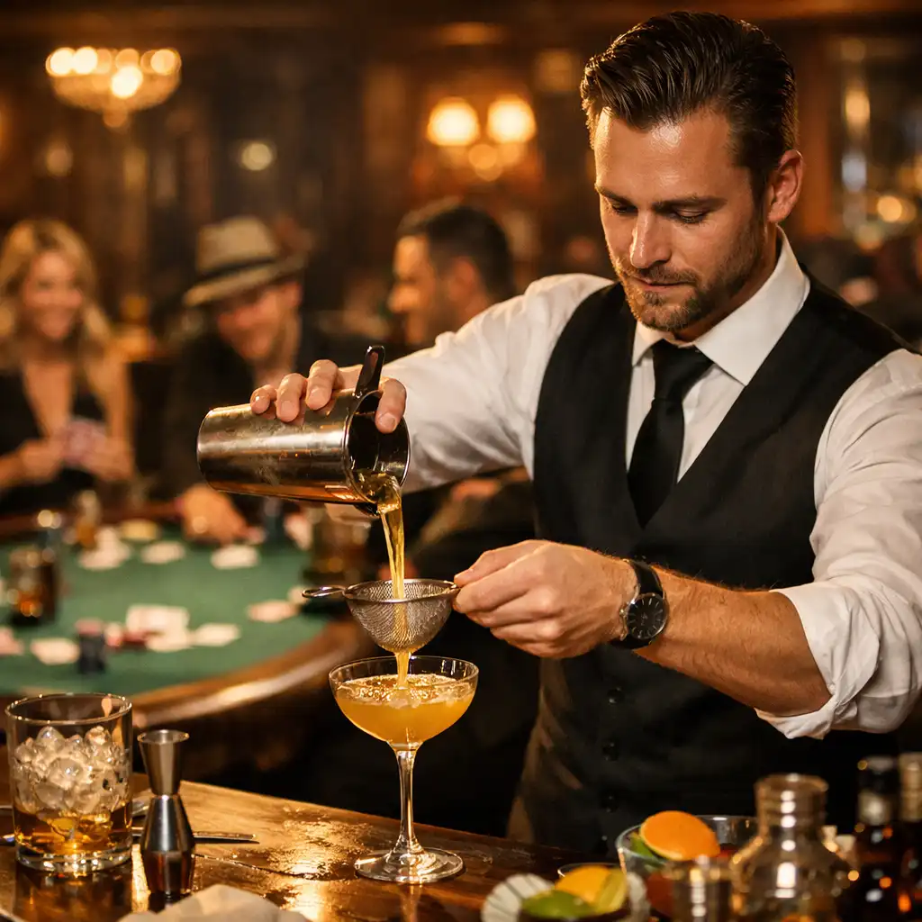 Barman przygotowujący koktajl w eleganckim lokalu, w tle stół pokerowy i goście